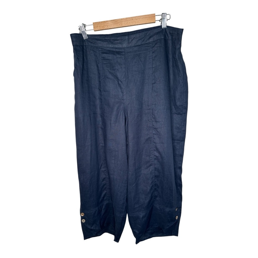 Foil Genie Lantern Leg Linen Pants US Size 12 Navy Blue Tulip Button Hem Cropped